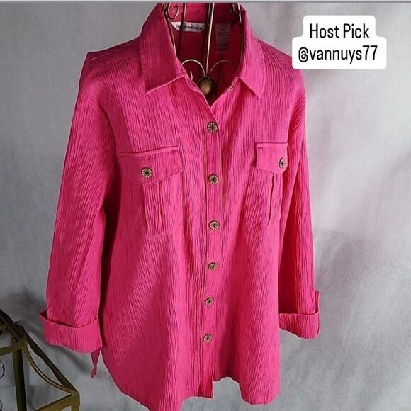 Textured Pink Barbie Core Button-down Shirt - Picture 1 of 11